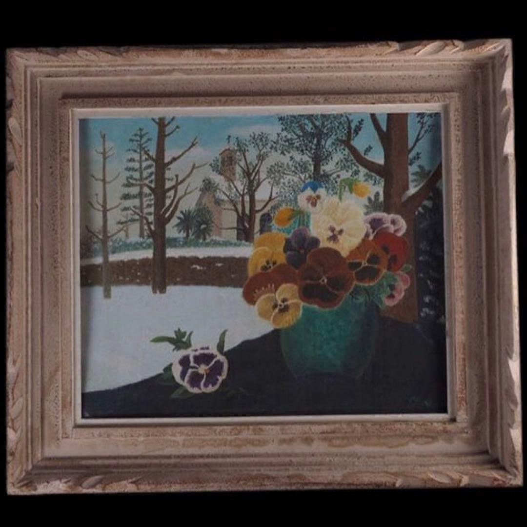 【模写】岡鹿之助「遊蝶花」油彩 54×62cm 文化勲章作家 送料込み