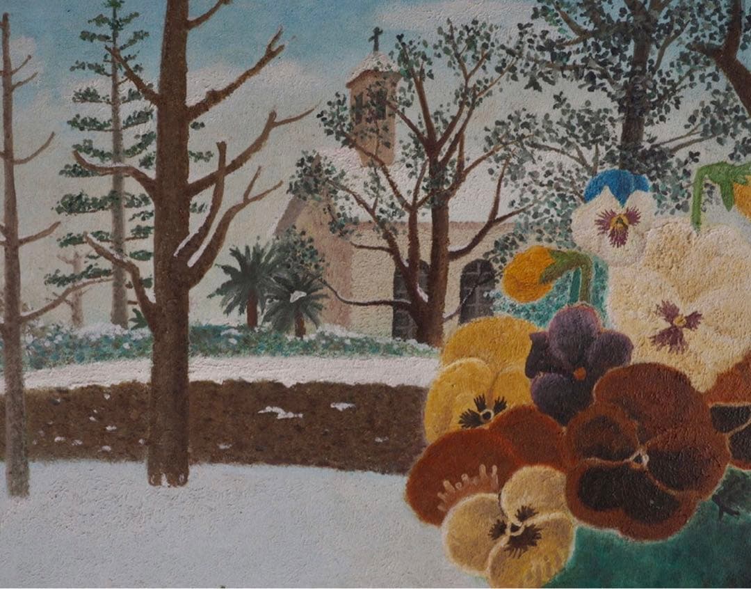 【模写】岡鹿之助「遊蝶花」油彩 54×62cm 文化勲章作家 送料込み