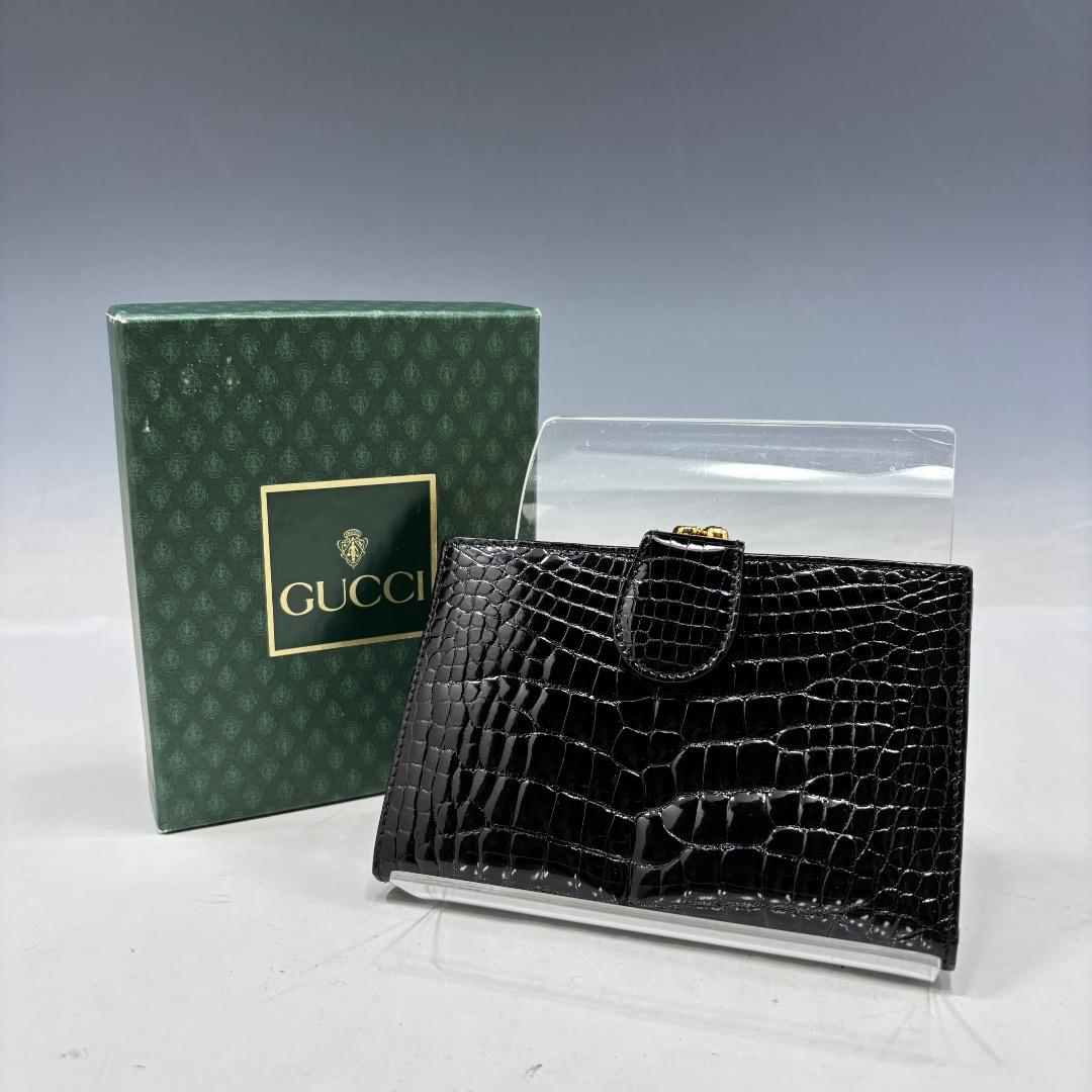 美品【グッチ本物】2つ折り財布/クロコダイル本革/レザー/ブラック/がま口