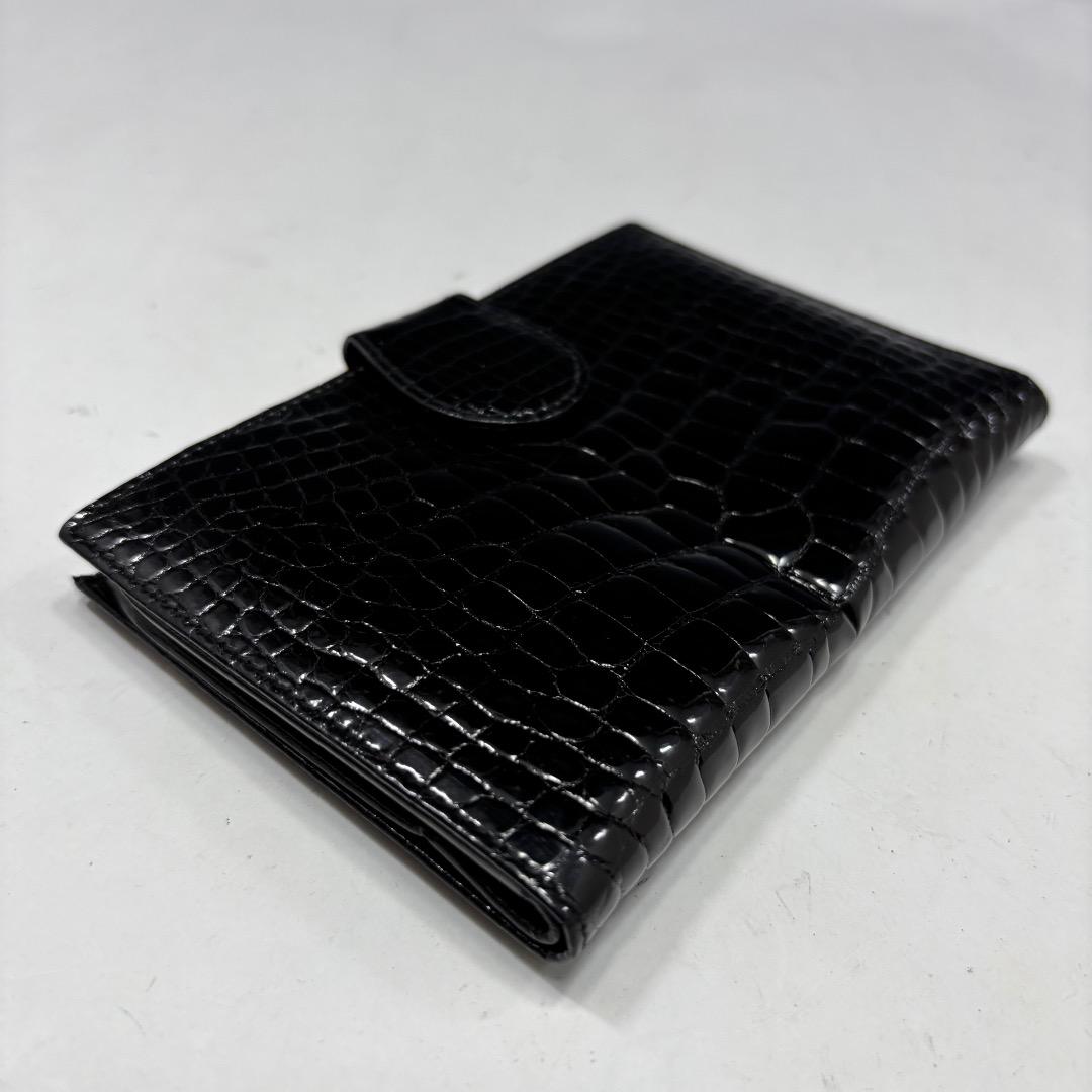 美品【グッチ本物】2つ折り財布/クロコダイル本革/レザー/ブラック/がま口