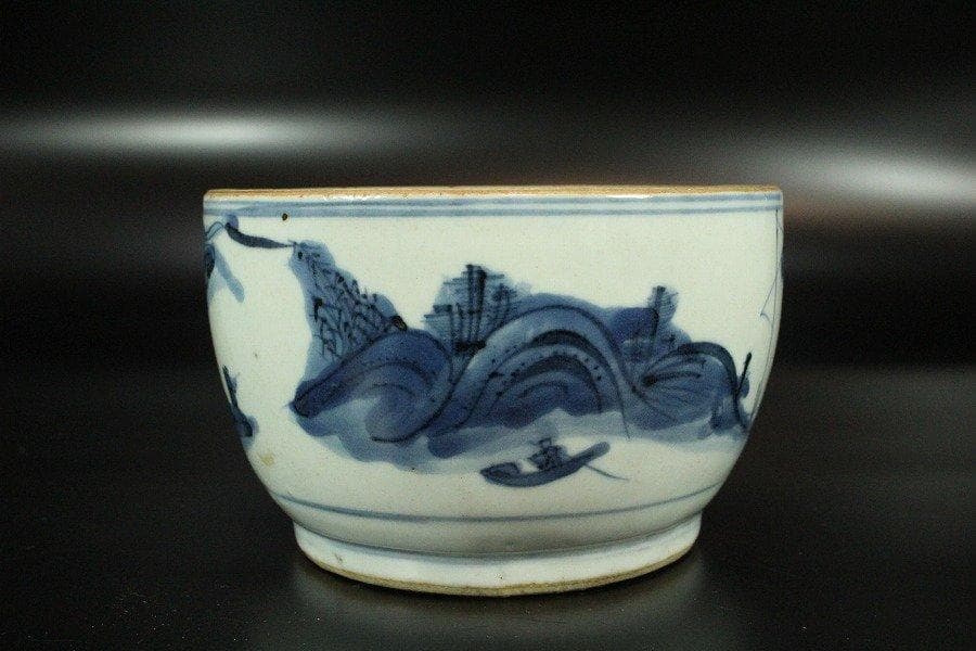 中国美術 古染付 山水舟紋 香炉 碗 明 旧家蔵出