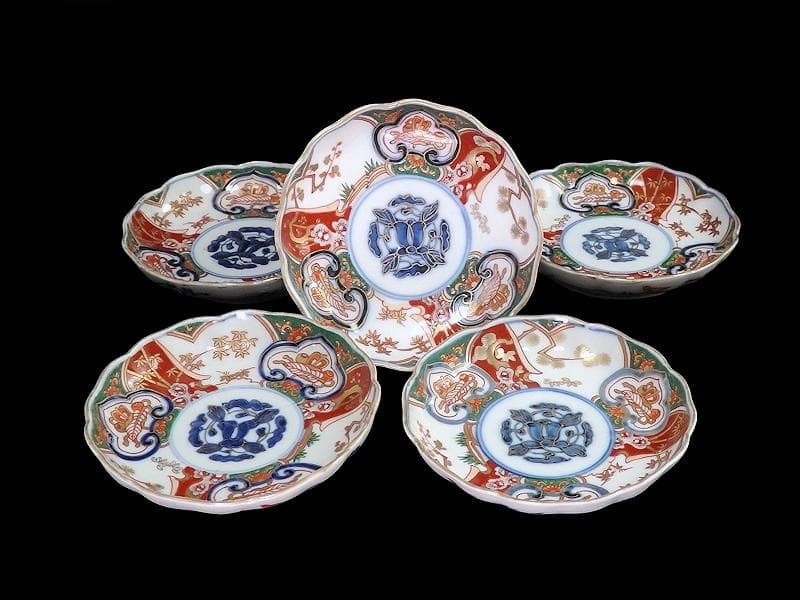 古伊万里　金襴手　窓絵　宝尽くしに松竹梅の図　4寸皿　５枚　B091AS-CZa