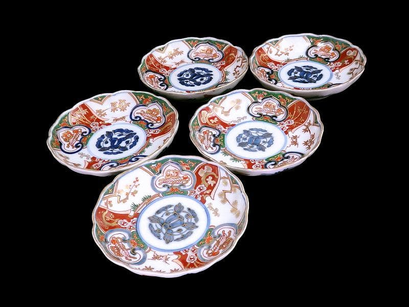 古伊万里　金襴手　窓絵　宝尽くしに松竹梅の図　4寸皿　５枚　B091AS-CZa