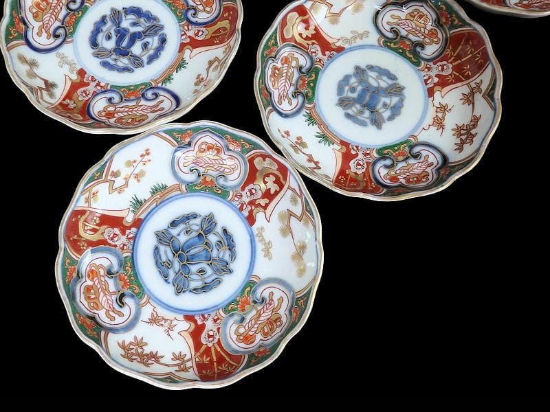 古伊万里　金襴手　窓絵　宝尽くしに松竹梅の図　4寸皿　５枚　B091AS-CZa