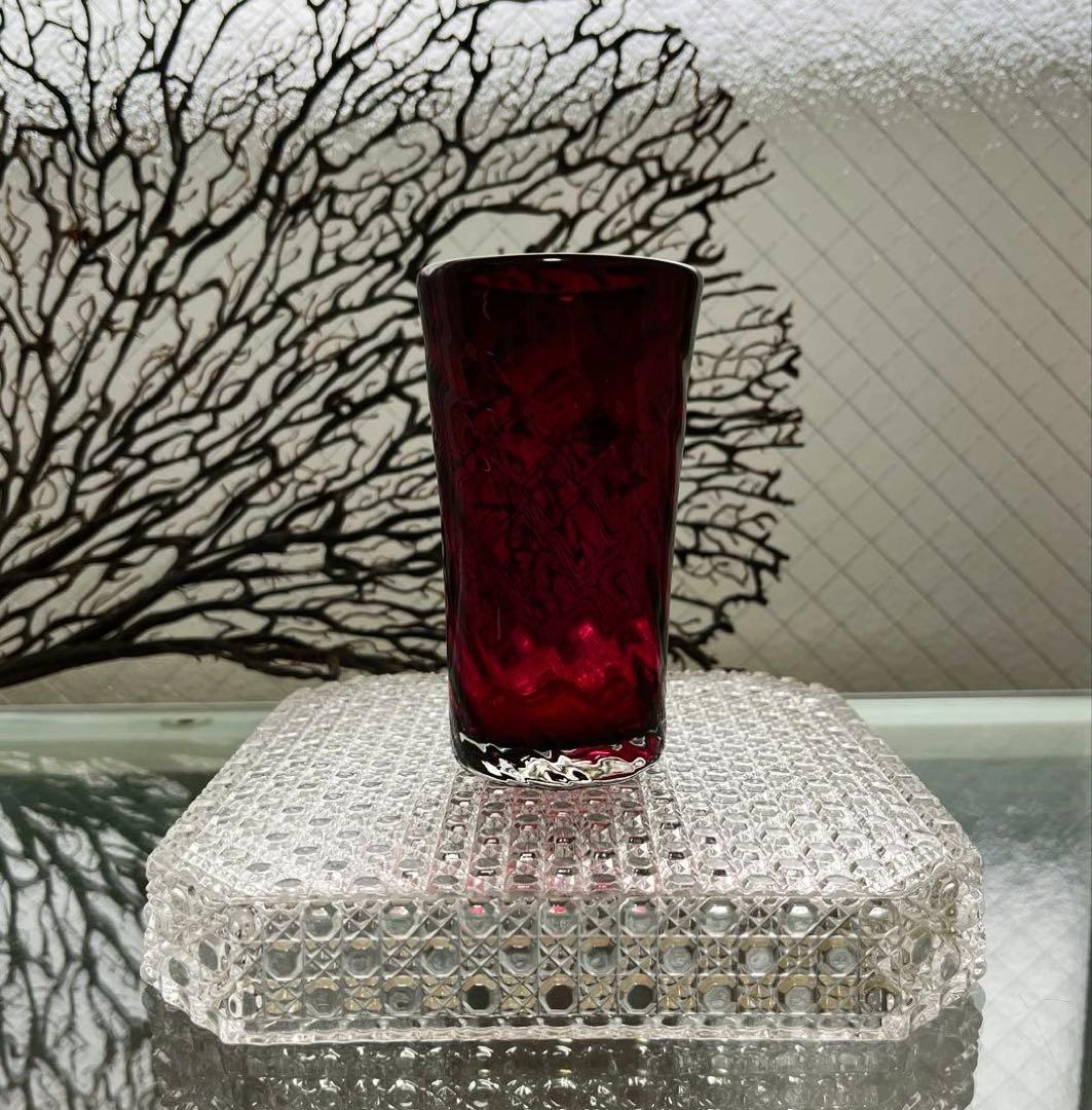 骨董　時代　希少金赤ガラス　モールガラス調　流線型ピルスナー　ビアグラス　ウラン