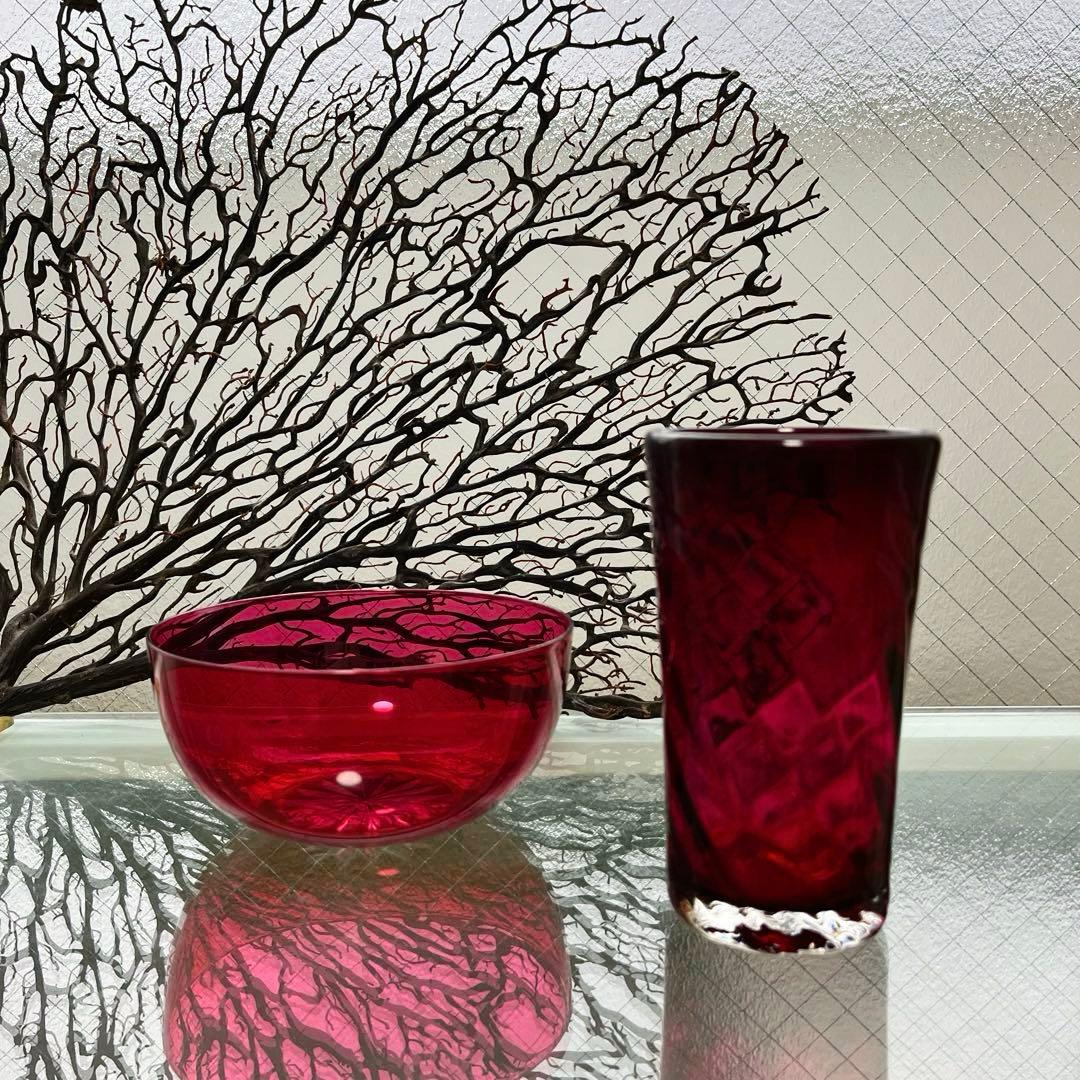 骨董　時代　希少金赤ガラス　モールガラス調　流線型ピルスナー　ビアグラス　ウラン