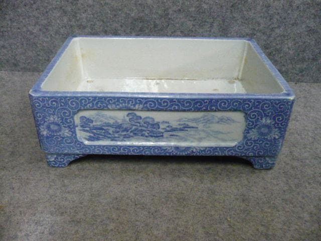 銅版 花唐草に風景図 染付 水盤 [B31491]