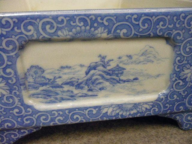 銅版 花唐草に風景図 染付 水盤 [B31491]