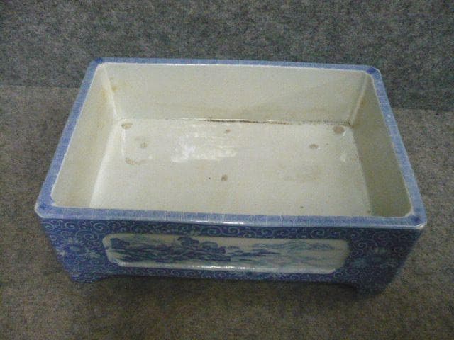 銅版 花唐草に風景図 染付 水盤 [B31491]