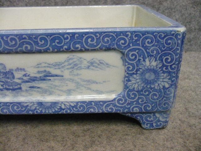 銅版 花唐草に風景図 染付 水盤 [B31491]