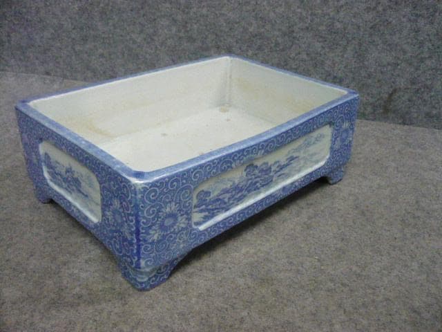 銅版 花唐草に風景図 染付 水盤 [B31491]