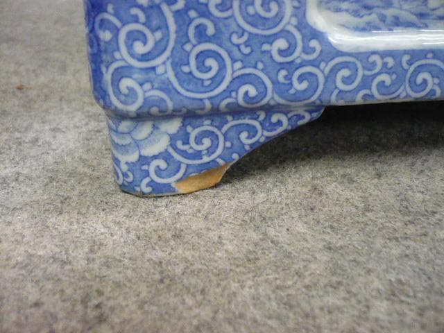 銅版 花唐草に風景図 染付 水盤 [B31491]