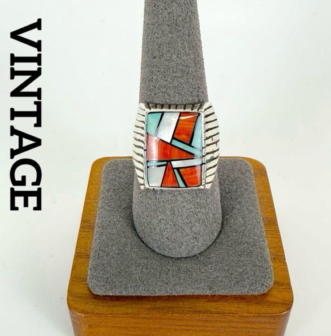 VINTAGE インディアンジュエリー マルチカラーインレイリング 20号