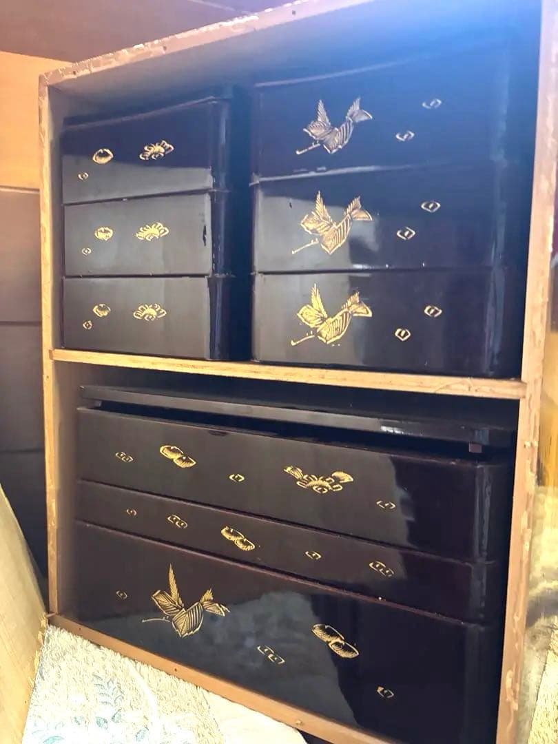 漆器 重箱 金色の鶴模様