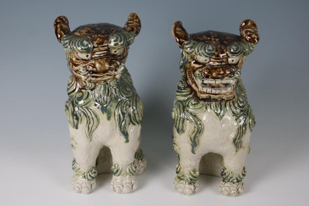 金城敏徳 作　緑釉立シーサー（特大）1対