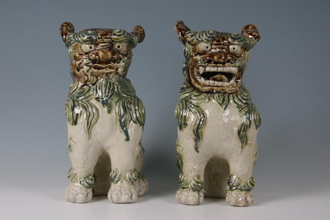 金城敏徳 作　緑釉立シーサー（特大）1対