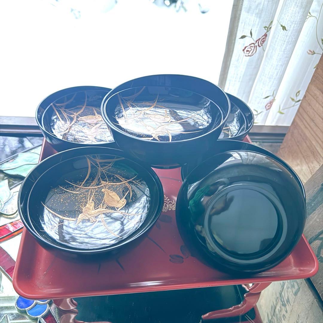 2245様感謝‼️JAPAN蒔絵かわせみ天然木伏蒔絵 芦にかわせみ真塗厚物椀 5客