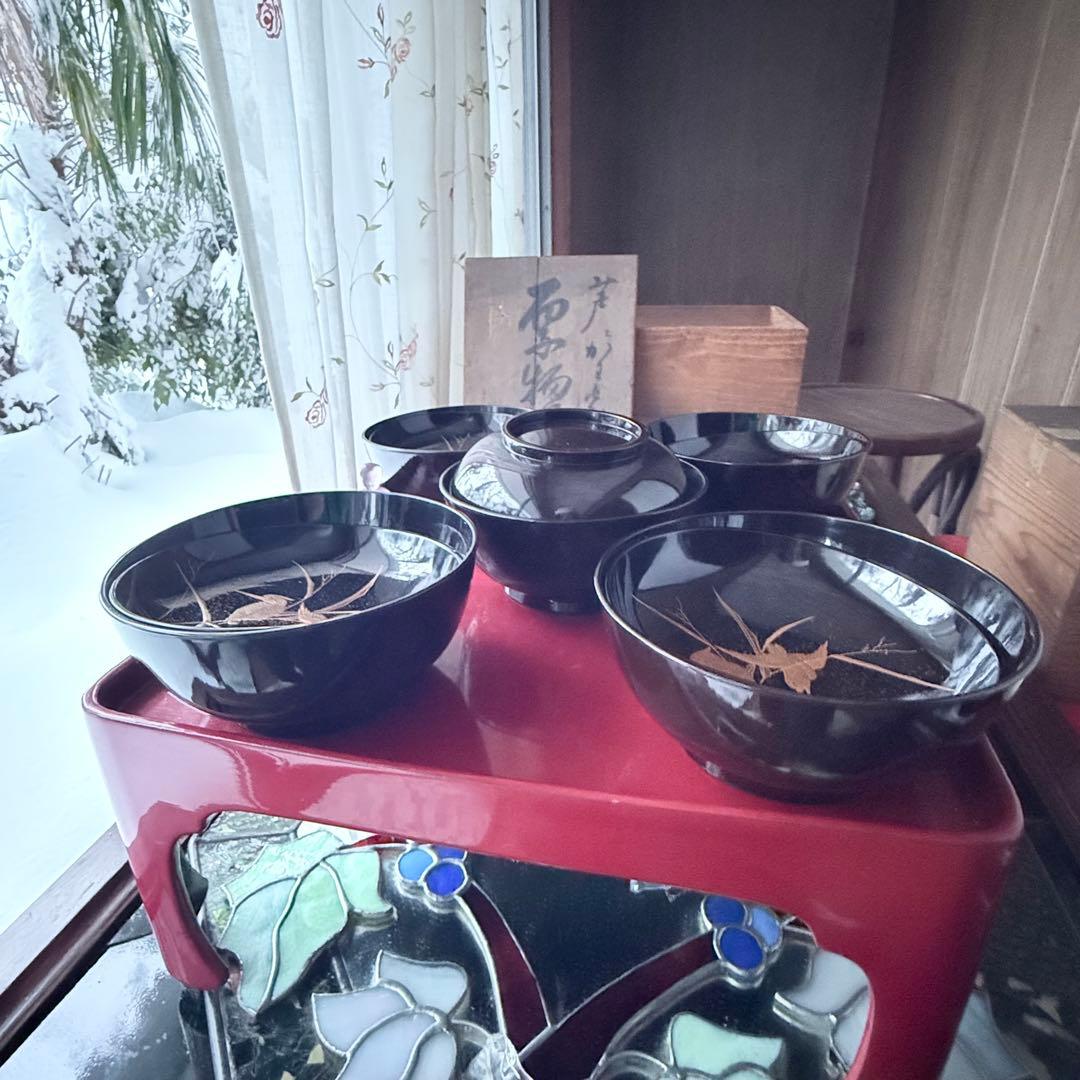 2245様感謝‼️JAPAN蒔絵かわせみ天然木伏蒔絵 芦にかわせみ真塗厚物椀 5客