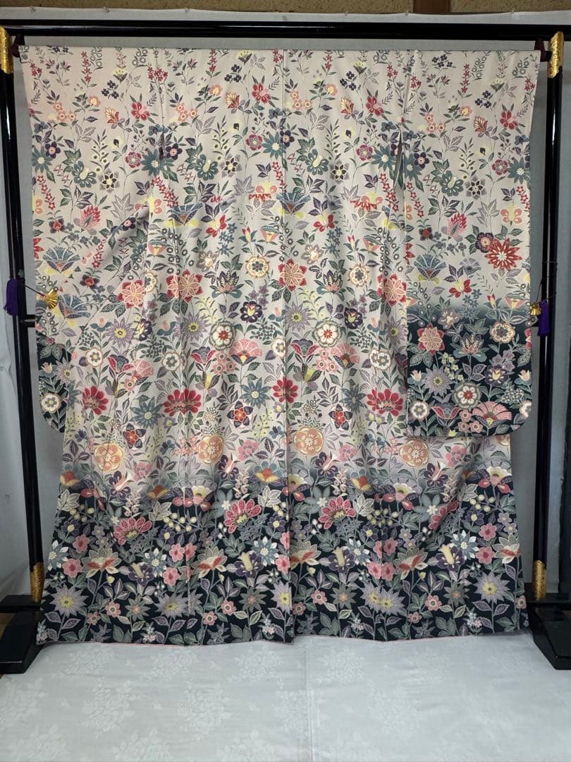 [美品] 振袖　正絹　縮緬　成人式　灰色　グレー　礼装　結婚式　高身長　パステル