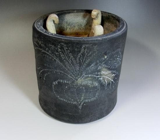 手炉■小さい手火鉢 蕪の絵 陶器 五徳付き 瓶掛け 風炉 火入れ 手焙り 古民具