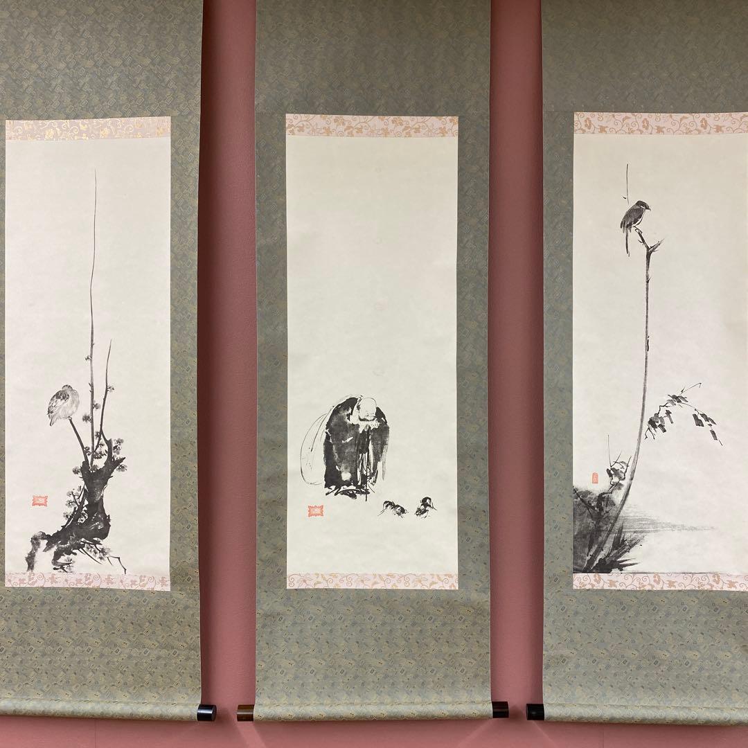 美品 掛け軸 宮本武蔵筆 書画名品選「枯木鳴鵙図・紅梅鳩図・布袋観闘鶏図」