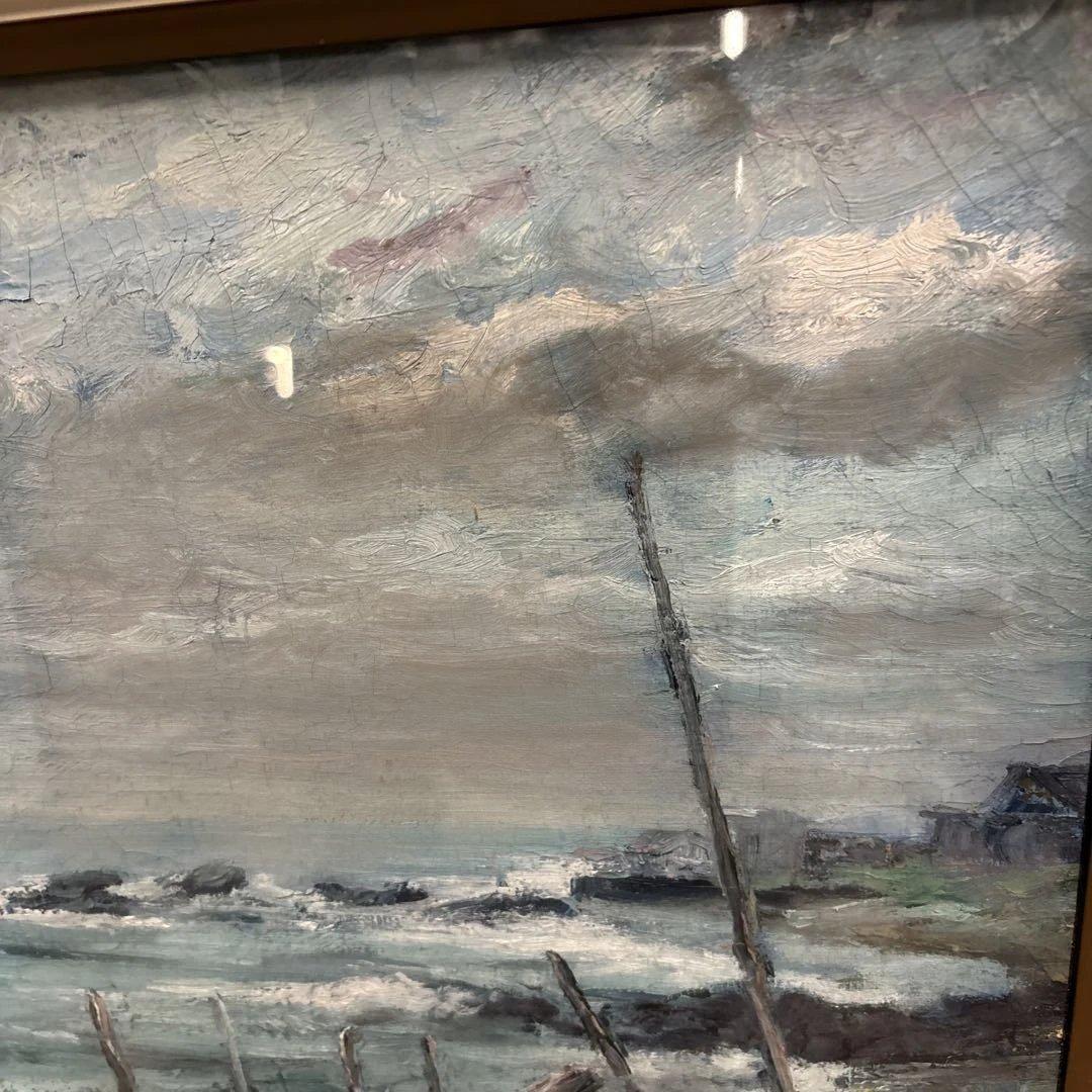 海と船の油彩画 白金フレーム付き　藤原　正幸　【廃船】　QW4348