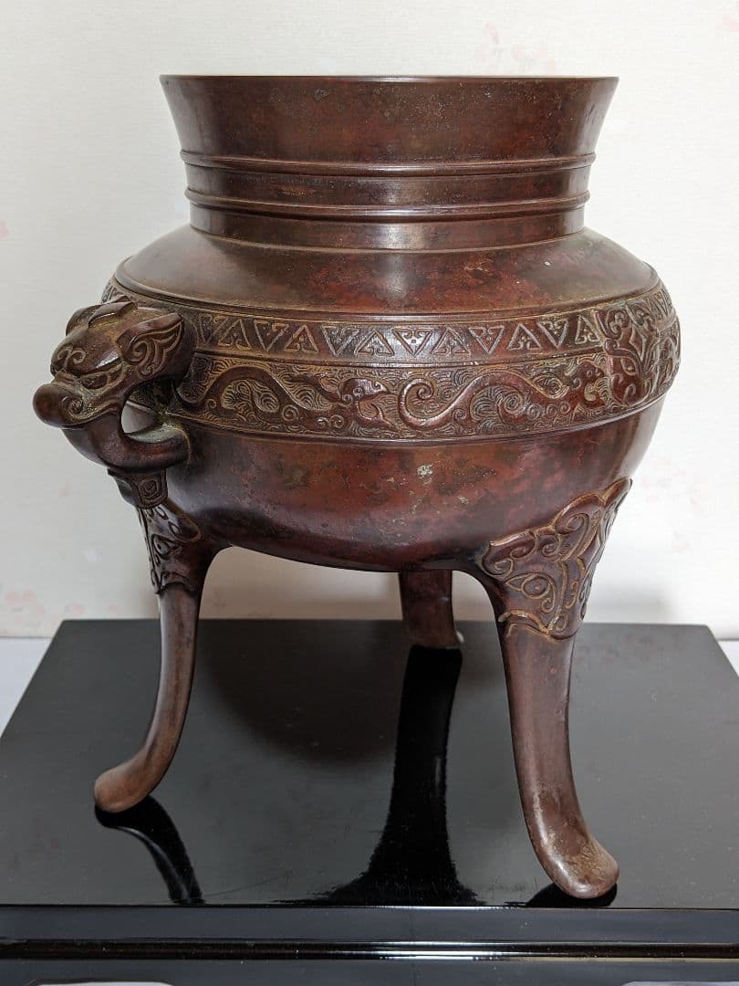 ♦銅器 神獣文 龍双耳 三足花器 初代 定塚義正 明治〜大正時代 花生 骨董品
