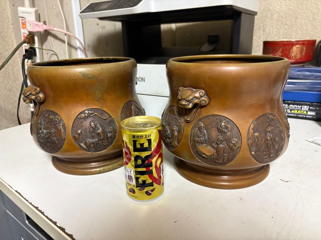 銅製 昌龍 獅子耳 火鉢一対