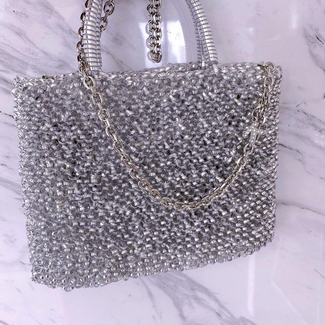 中サイズ)即購入OK)ワイヤーバッグシルバー　ハンドメイド
