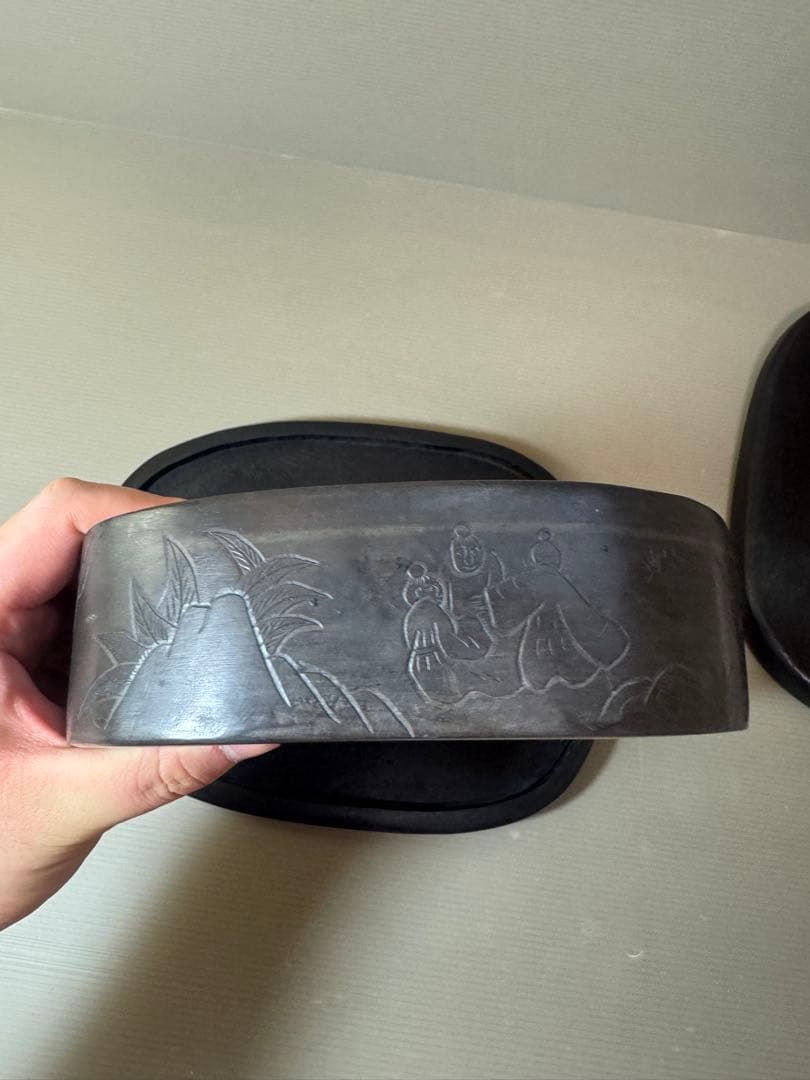 2911 中国古硯　人物文字彫刻　中国骨董　書道具