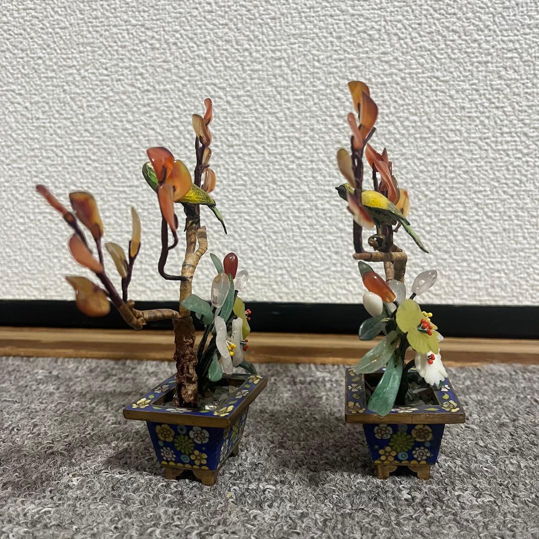 中国美術 古玩 七宝焼　玉石 瑪瑙 翡翠 彫刻 盆栽置物