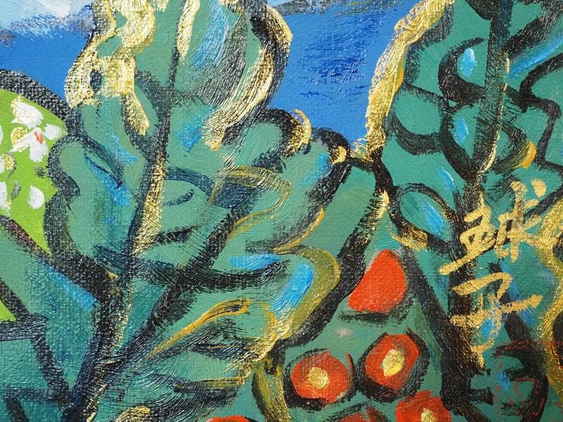 よっしー　絵画油彩片岡球子「赤富士」サインF6サイズ　額装済み 肉筆手描き