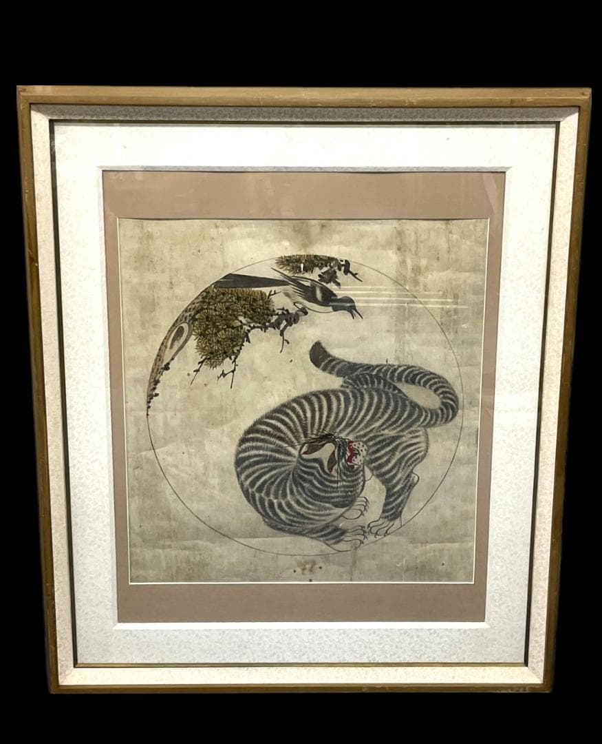 時代物 李朝 水墨画 虎 鳥 韓モノ 骨董 古玩 無銘