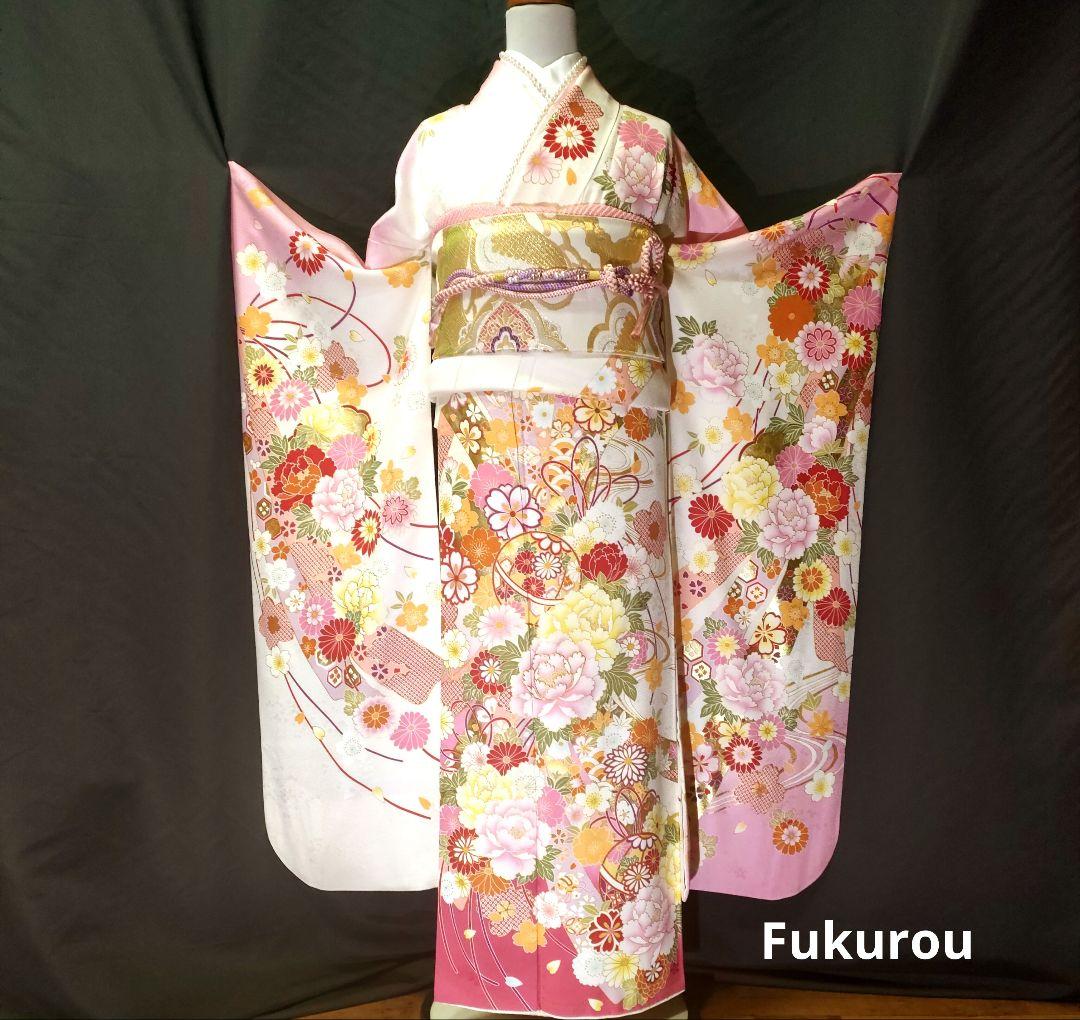 【新春大特価】クリーム×ピンク　可愛い　現代古典　振袖　その他セット