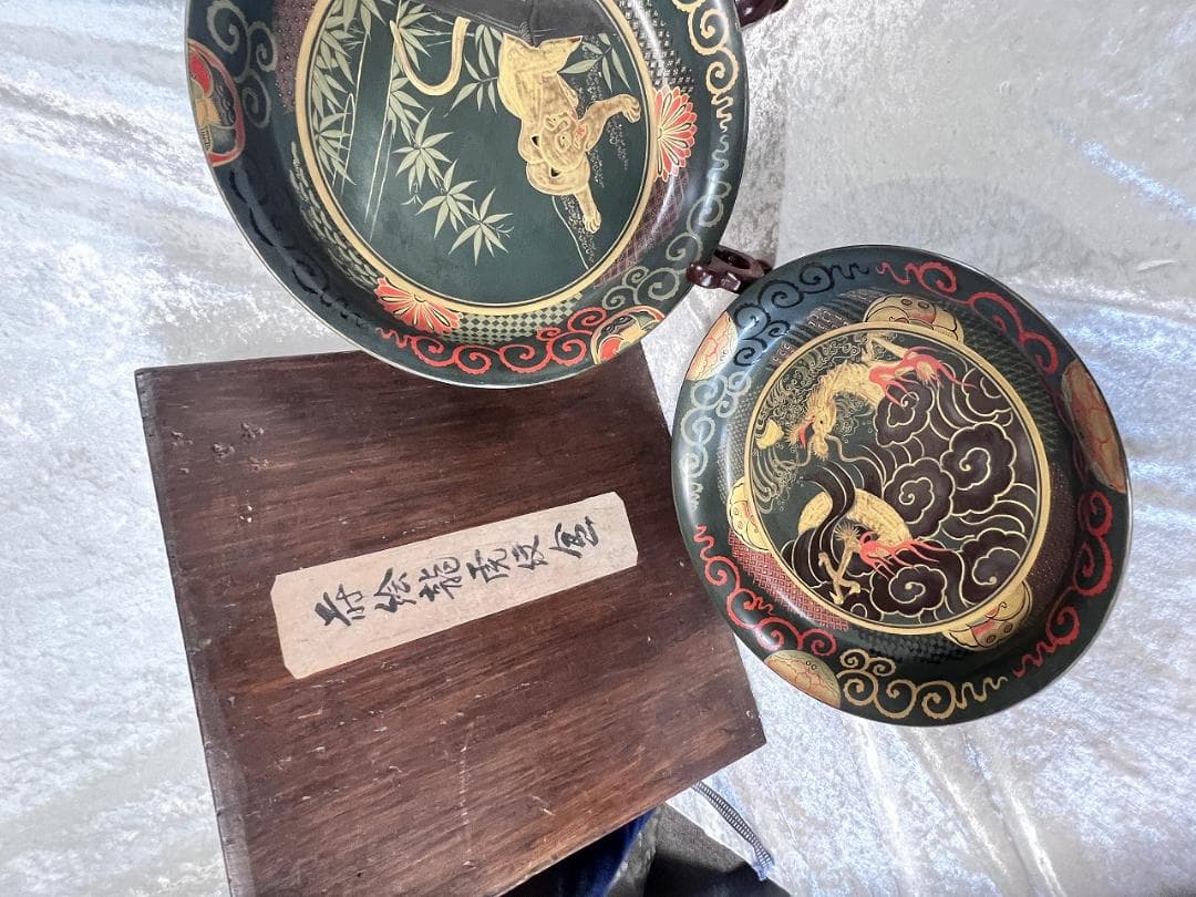 金蒔絵龍虎紋入れ子盆　一対　共箱　幕末～明治期