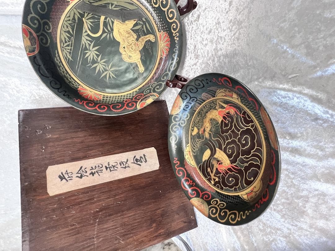 金蒔絵龍虎紋入れ子盆　一対　共箱　幕末～明治期