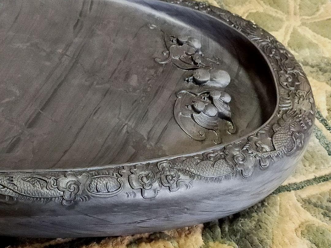 ♥大型　中国製　歙州　蝙蝠文双龍硯　硯　骨董品　端渓硯