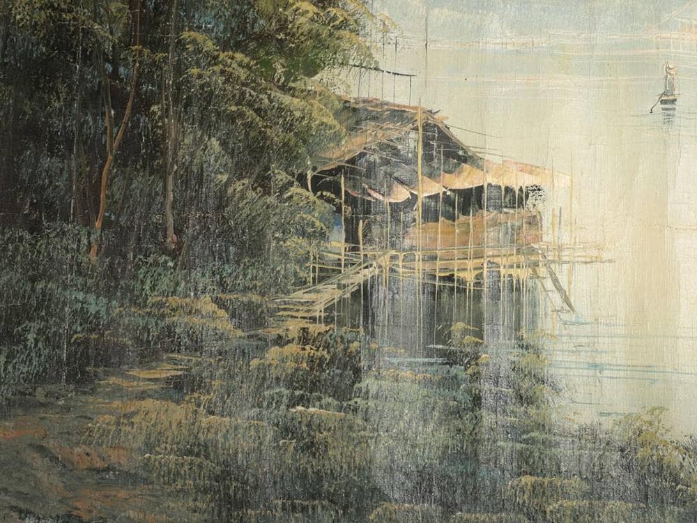 【絵】　★ 油画 東南アジア河岸風景図 ★　作家物　純手描き 真作保証　西洋書画