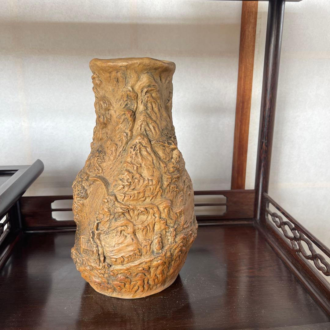 陶器製山水風景彫刻花瓶