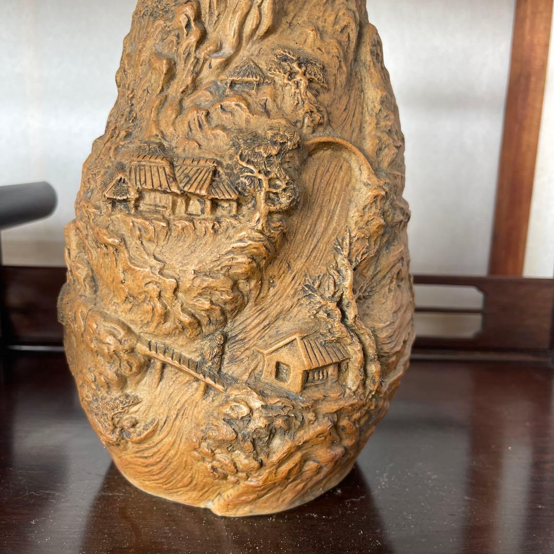 陶器製山水風景彫刻花瓶