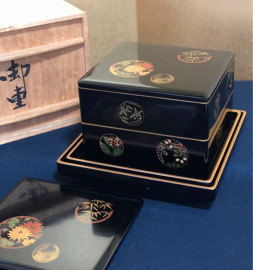 《R》黒内朱 花丸蒔絵 二段重 替蓋 重台付 木製漆器 木箱　251218か1
