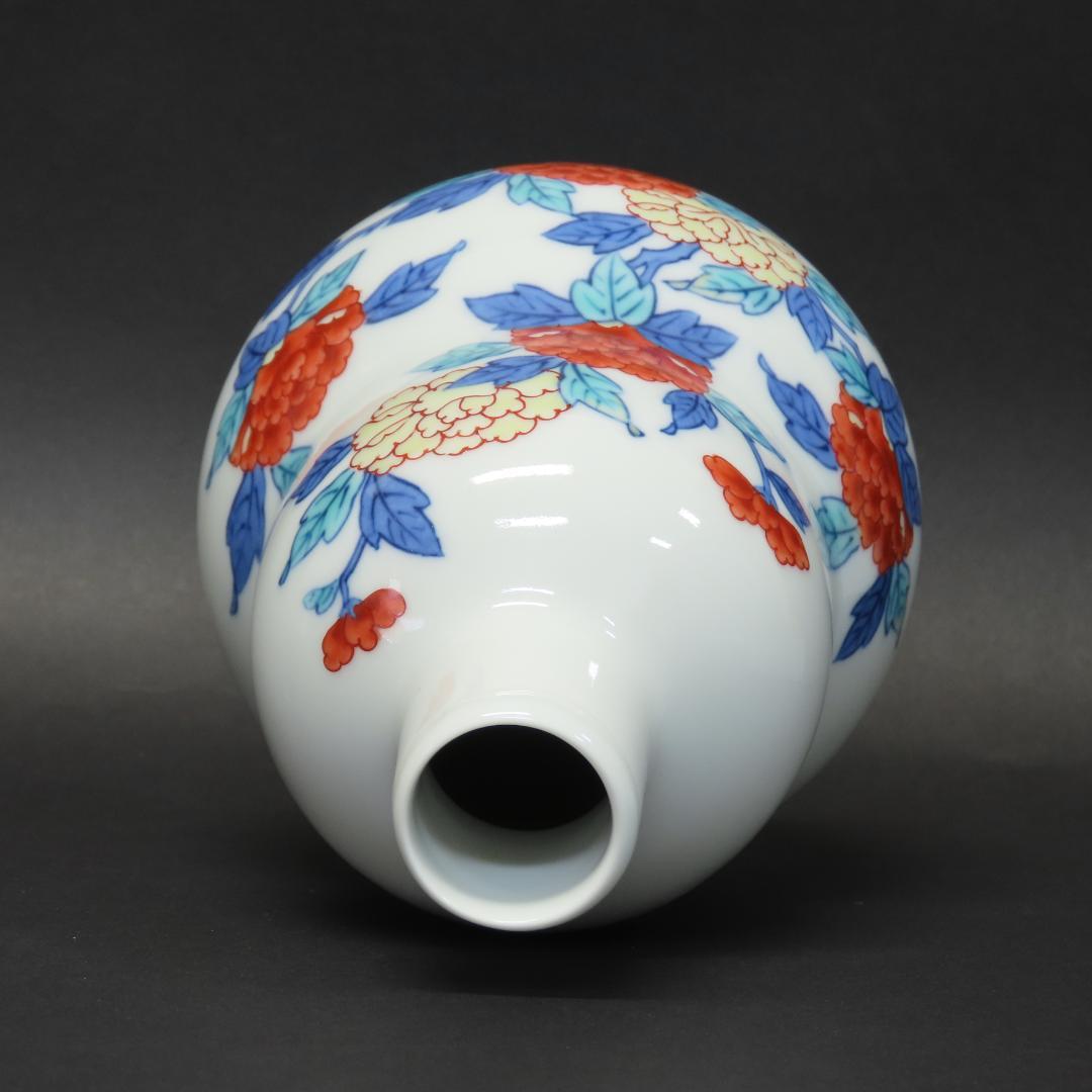 ⭕405 今泉今右衛門 錦牡丹絵花瓶 共箱 17cm/色鍋島 人間国宝 有田焼