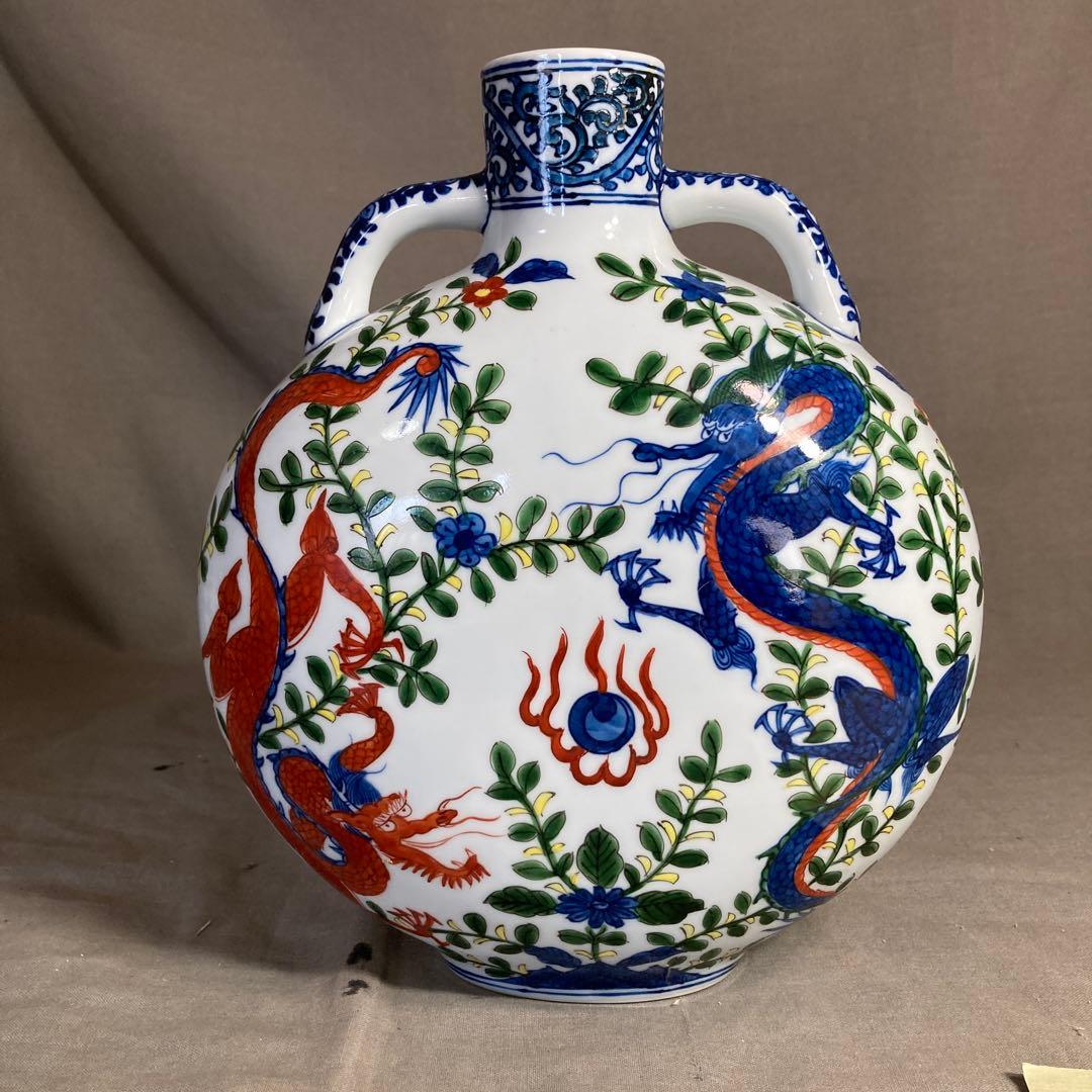 【源右衛門】古伊万里の伝統　日本の名窯　舘林源右衛門作　染錦万暦双龍絵　扁壺