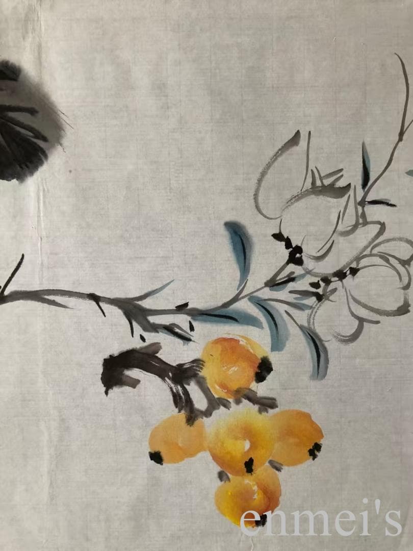 中国古美術・花卉図三尺画芯・朱軍印款・水墨彩色画・純手描き・文房・宣紙・带水印