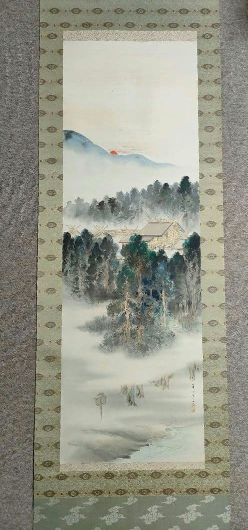 掛軸　「神苑之朝」　絹本條幅　桐箱