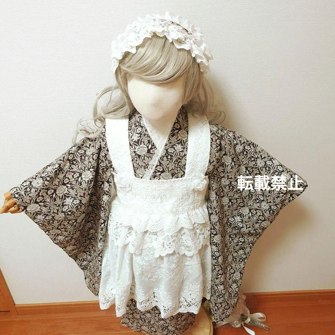 【お値下げ】３歳　フリルたっぷりレース被布エプロンとモリス調着物セット　七五三に