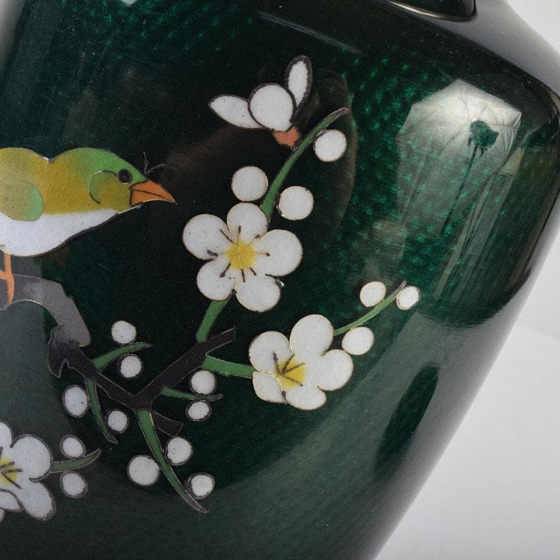 七宝焼　熱化工業　透釉　花鳥文　花瓶　唐木台・箱付　V　R9322