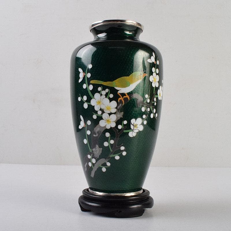 七宝焼　熱化工業　透釉　花鳥文　花瓶　唐木台・箱付　V　R9322
