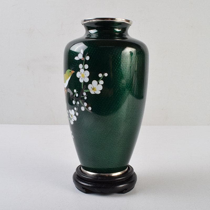 七宝焼　熱化工業　透釉　花鳥文　花瓶　唐木台・箱付　V　R9322