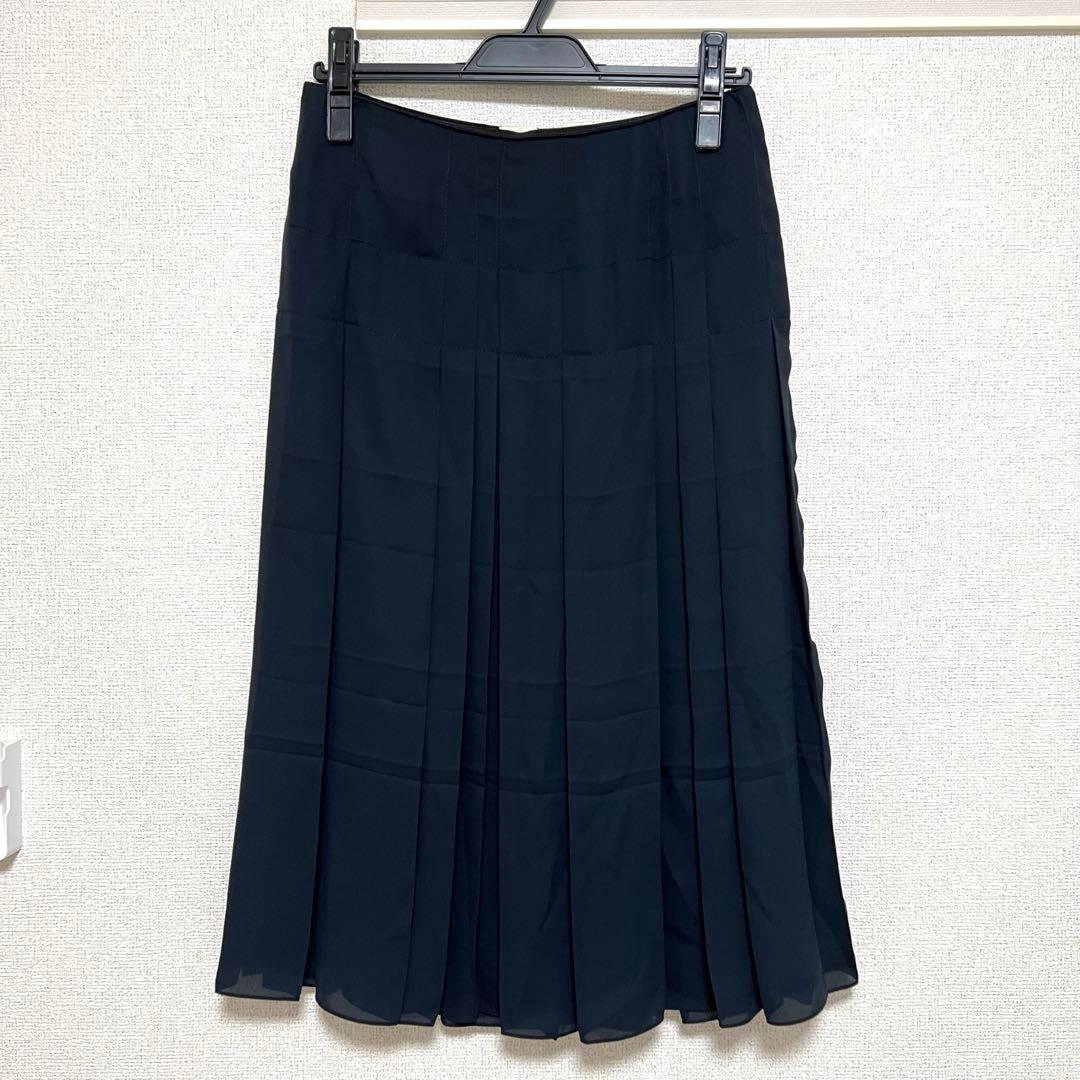 ☆エルメス HERMES スカート 膝丈 ネイビー プリーツ